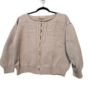 Handknit Boxy Cardigan Womens L XL Beige Pearls Grandma Cottage Coquette Boho